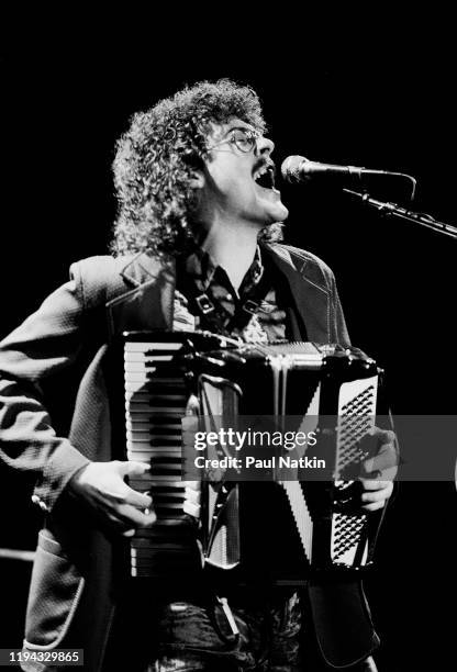 American satirist and Pop musician Weird Al Yankovic plays accordion as he performs onstage at the Park West, Chicago, Illinois, June 7, 1983.