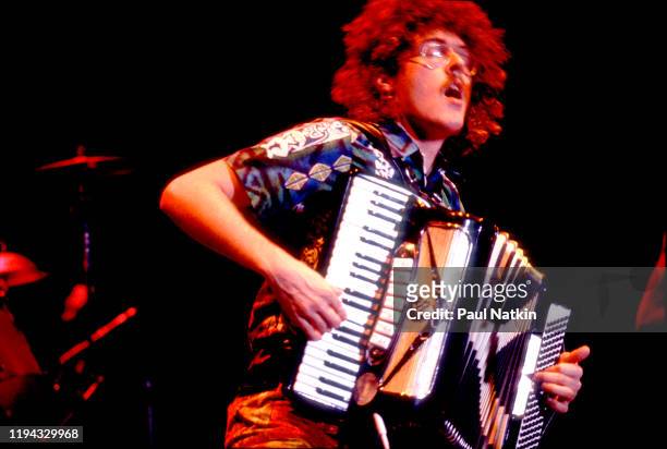 American satirist and Pop musician Weird Al Yankovic plays accordion as he performs onstage at the Park West, Chicago, Illinois, June 25, 1985.