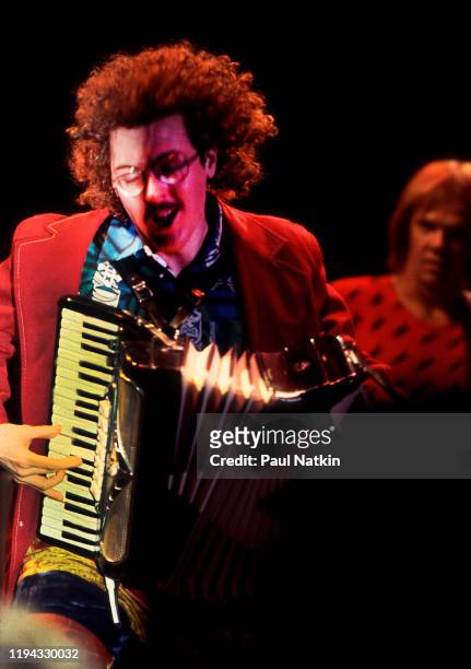 American satirist and Pop musician Weird Al Yankovic plays accordion as he performs onstage at the Park West, Chicago, Illinois, June 25, 1985.