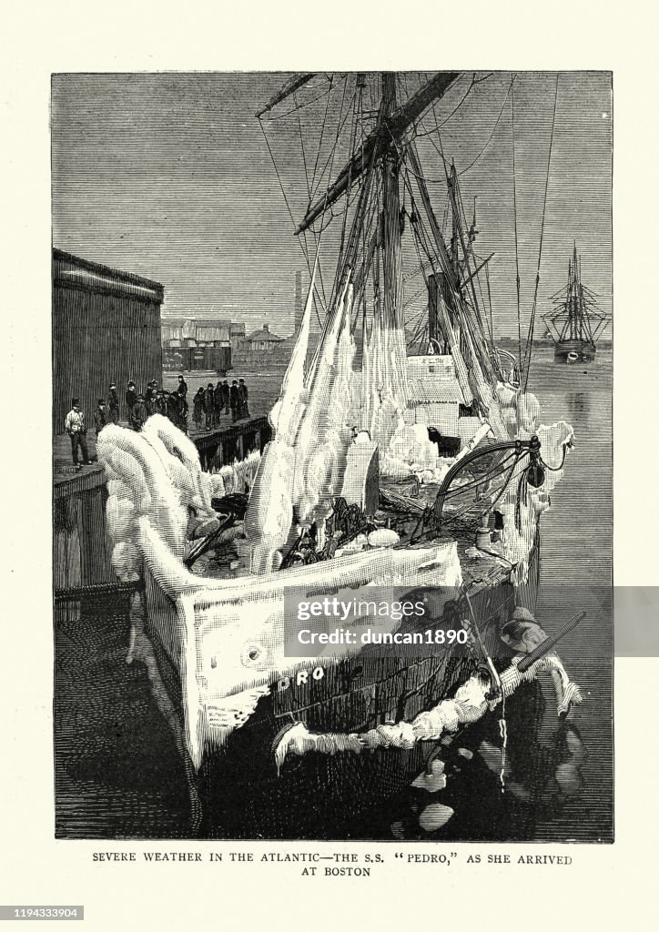 Ship covered in ice in Boston, 19th Century