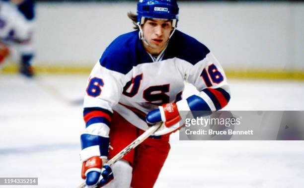 American hockey player Mark Pavelich of Team USA in action during the 1980 exhibition game against the Soviet Union on February 9, 1980 at Madison...