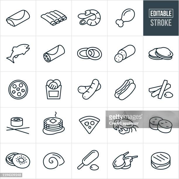 illustrazioni stock, clip art, cartoni animati e icone di tendenza di icone della linea sottile del cibo - tratto modificabile - patatine fritte