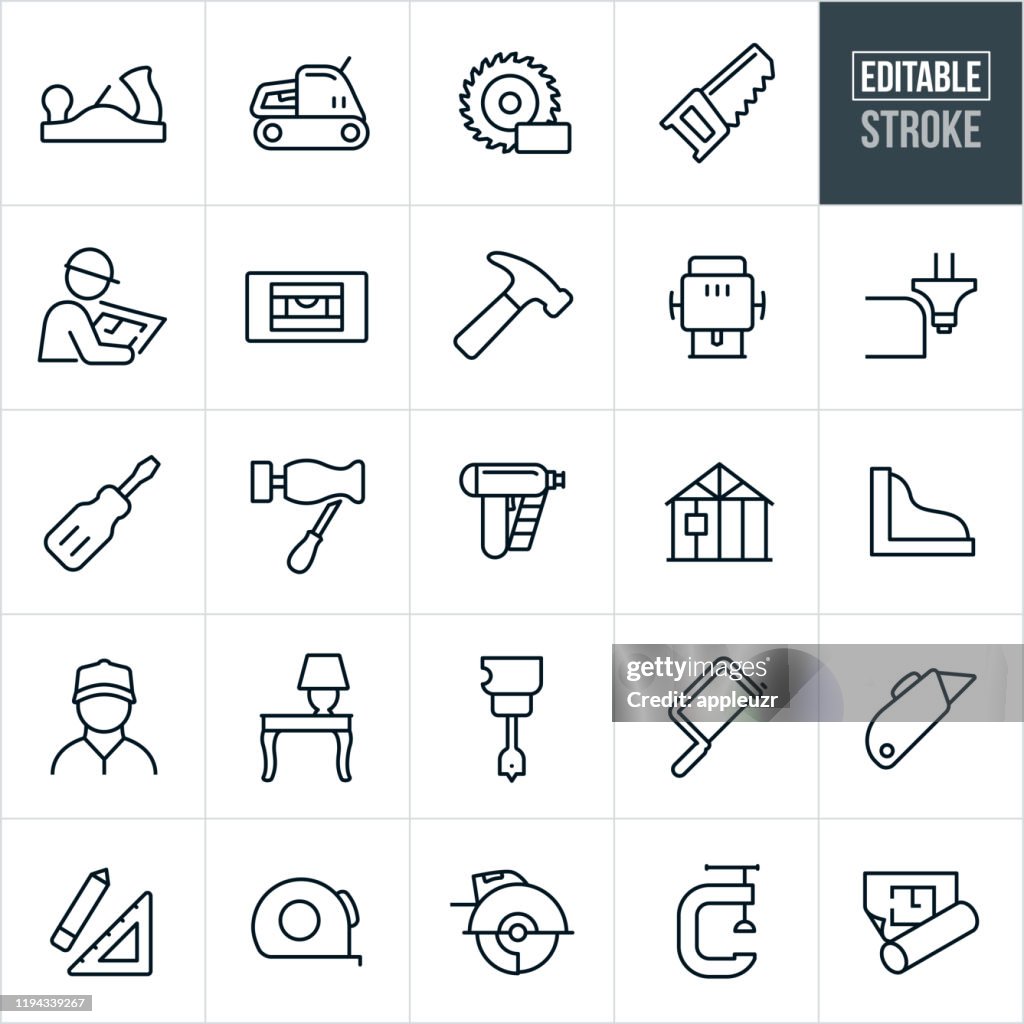 Carpentry Thin Line Icons - Editable Stroke