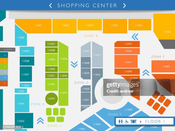 ilustraciones, imágenes clip art, dibujos animados e iconos de stock de mapa de suelo de una ilustración de centro comercial - building storey