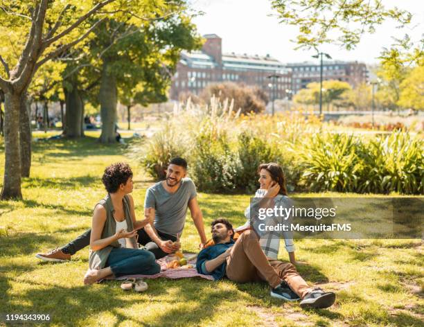 people enjoying the picnic in puerto madero - picnic friends stock pictures, royalty-free photos & images