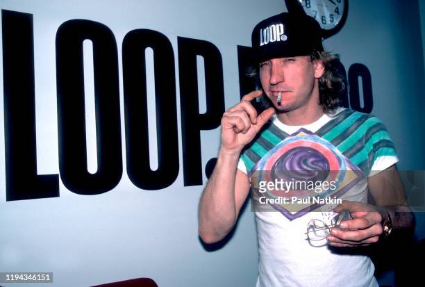 View of American Rock musician Joe Walsh during a promotional stop at WLUP Radio, Chicago, Illinois, June 4, 1986.