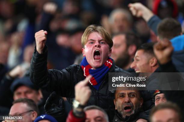 Crystal Palace fan celebrates his team's first goal during the Premier League match between Crystal Palace and Brighton & Hove Albion at Selhurst...