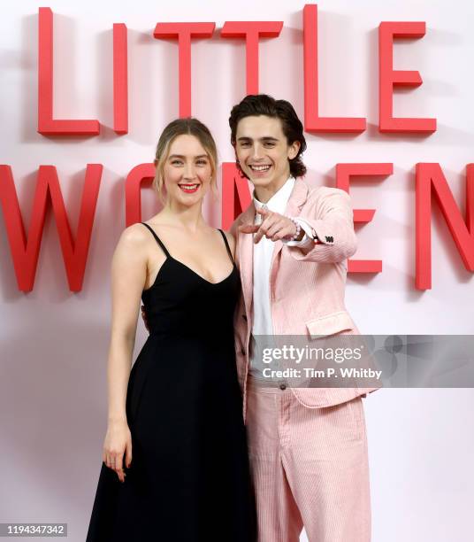 Saoirse Ronan and Timothee Chalamet attend the Little Women London evening photocall at the Soho Hotel on December 16, 2019 in London, England....