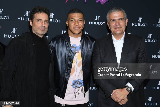 Richard Orlinski, Kylian Mbappe and Ricardo Guadalupe attend the "Hublot Loves Art" Party At Fondation Louis Vuitton on December 16, 2019 in Paris,...