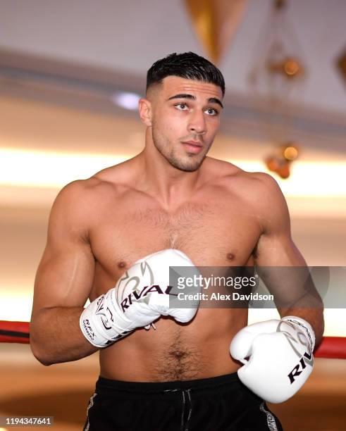 Tommy Fury in action during a Daniel Dubois v Kyotaro Fujimoto Public Workout at the Intu Lakeside on December 16, 2019 in Grays, England.