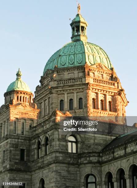 domes of british columbia provincial parliament catch late afternoon sun vertical - british columbia legislature stock pictures, royalty-free photos & images