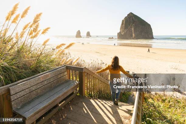 woman looking at haystack rock from a wooden footpath. cannon beach, oregon, usa. - cannon beach imagens e fotografias de stock