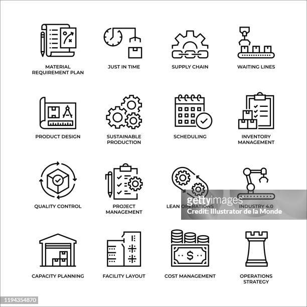 ilustrações de stock, clip art, desenhos animados e ícones de production management outline icon set - consumerism stock illustrations
