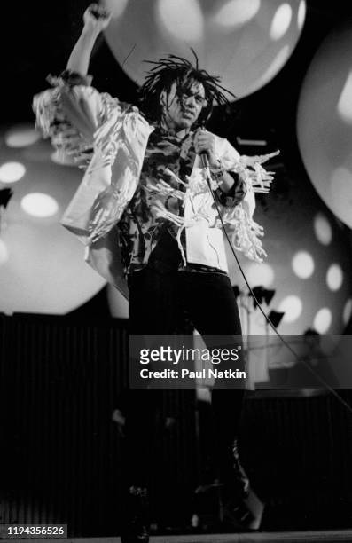 New Wave musician Joe Leeway, of the English New Wave group Thompson Twins, performs onstage at the UIC Pavilion, Chicago, Illinois, November 28,...