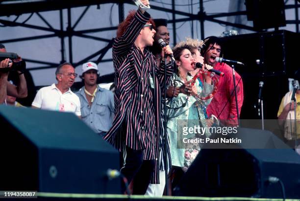 American Pop musician Madonna performs during the Live Aid benefit concert at John F Kennedy Stadium, Philadelphia, Pennsylvania, July 13, 1985. With...