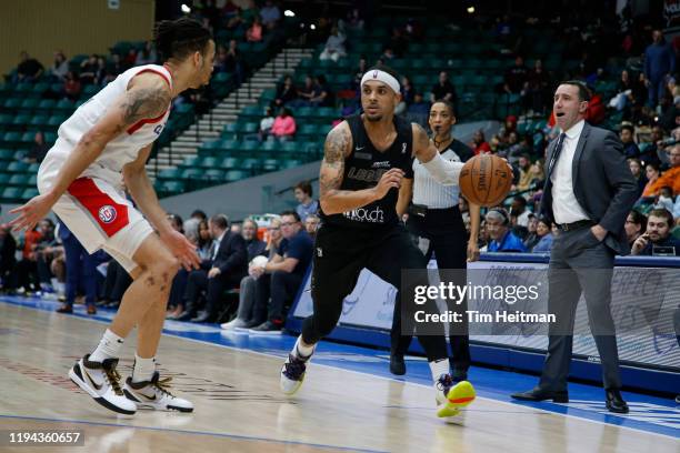 Brandon Fields of the Texas Legends dribbles up court during the third quarter against the Agua Caliente Clippers on January 14, 2020 at Comerica...