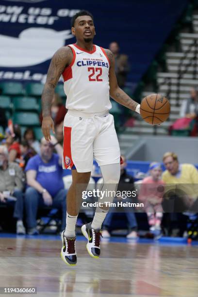 Xavier Rathan-Mayes of the Agua Caliente Clippers dribbles up court during the second quarter against the Texas Legends on January 14, 2020 at...