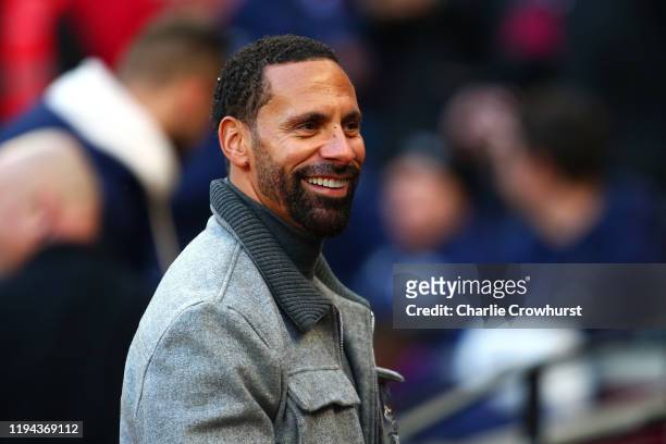 Rio Ferdinand looks on prior to the Premier League match between West Ham United and Everton FC at London Stadium on January 18, 2020 in London,...