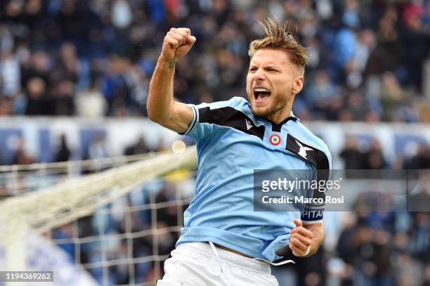 Ciro Immobile of SS Lazio celebrates after scoring his team's second goal from the penalty spot during the Serie A match between SS Lazio and UC...
