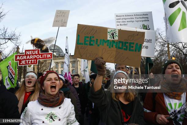 Demonstrators protesting for more sustainable and ecological agriculture gather in front of the Brandenburg Gate and the Reichstag during the Green...