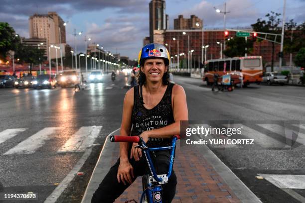 Venezuelan cyclist Daniel Dhers poses for pictures after training at Bolivar Avenue in Caracas, on January 11, 2020. - Daniel Dhers, winner of...