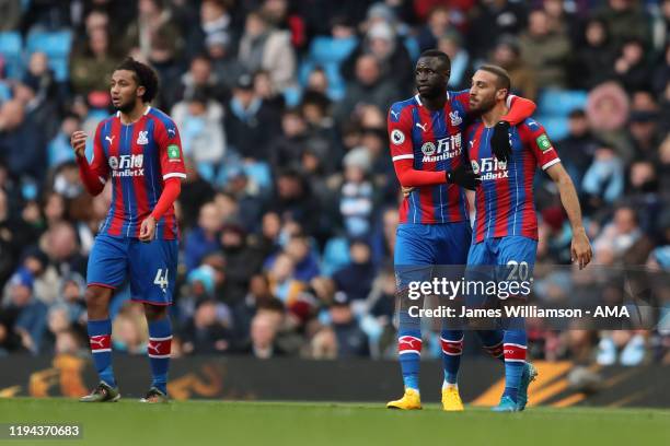 Cenk Tosun of Crystal Palace celebrates after scoring a goal to make it 0-1 during the Premier League match between Manchester City and Crystal...