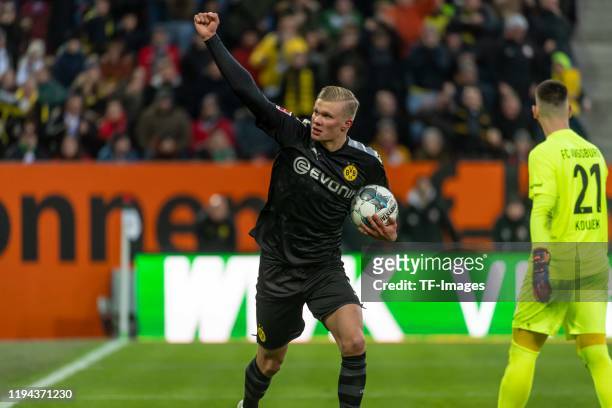 Erling Haaland of Borussia Dortmundcelebrates after scoring his team's second goal during the Bundesliga match between FC Augsburg and Borussia...
