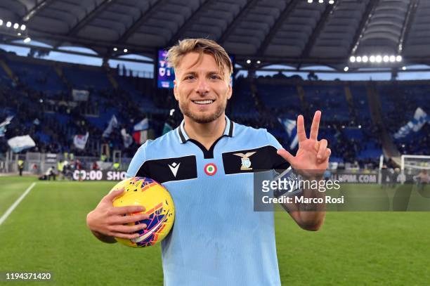 Ciro immobile of SS Lazio shows the number three after scoring his third goal of his team during the Serie A match between SS Lazio and UC Sampdoria...