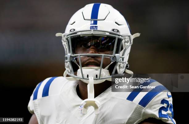 Running back Marlon Mack of the Indianapolis Colts warms up before the game against the New Orleans Saints at Mercedes Benz Superdome on December 16,...