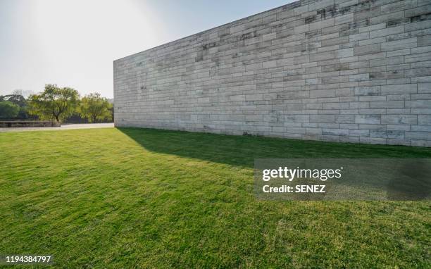 green grassland and blue sky - versterkte muur stockfoto's en -beelden