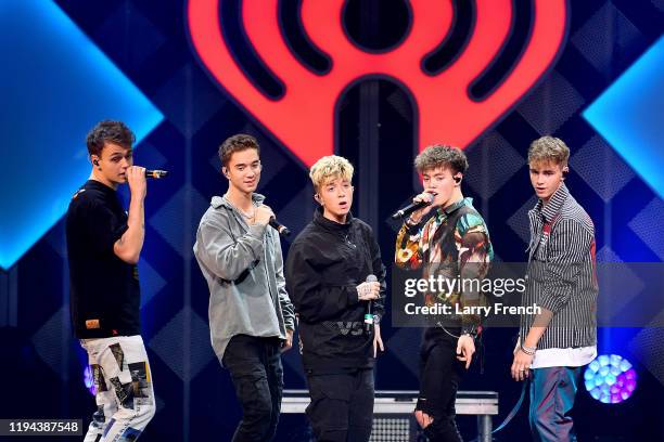 Jonah Marais, Daniel Seavey, Jack Avery, Zach Herron, and Corbyn Besson of Why Don't We perform onstage during HOT 99.5's Jingle Ball 2019 on...