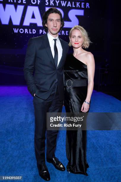 Adam Driver and Joanne Tucker attend the Premiere of Disney's "Star Wars: The Rise Of Skywalker" on December 16, 2019 in Hollywood, California.