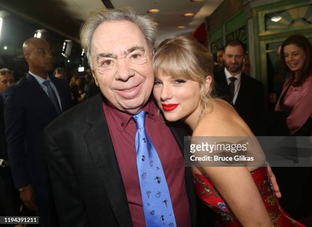 Composer Andrew Lloyd Webber and Taylor Swift pose at the World Premiere of the new film "Cats" based on the Andrew Lloyd Webber musical at Alice...