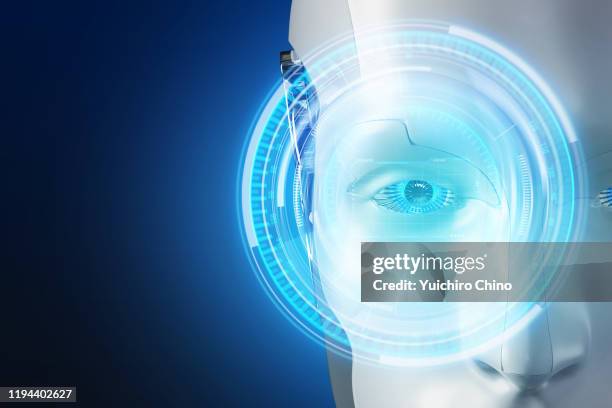 artificial intelligence robot with showing digital view circular screen from eye - circle of heads stock pictures, royalty-free photos & images