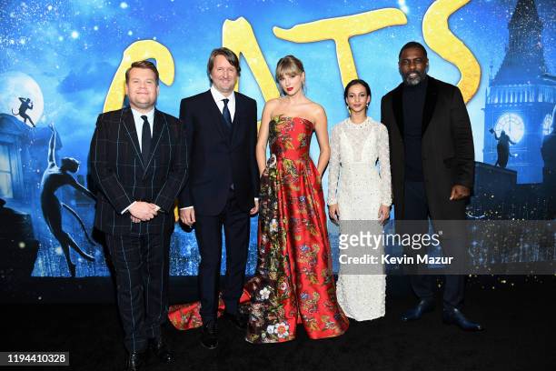 James Corden, Tom Hooper, Taylor Swift, Francesca Hayward, and Idris Elba attend The World Premiere of Cats, presented by Universal Pictures on...