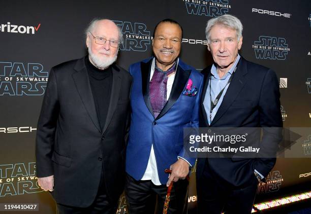 Composer John Williams, Billy Dee Williams and Harrison Ford arrive for the World Premiere of "Star Wars: The Rise of Skywalker", the highly...