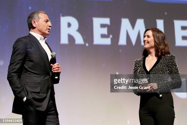 The Walt Disney Company Chairman and CEO Bob Iger and Producer and President of Lucasfilm Kathleen Kennedy speak onstage during the World Premiere of...
