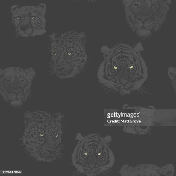 lion, tiger, leopard, cheetah seamless repeat - dark panthera stock illustrations