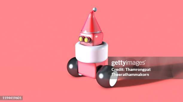 3d rendering cute red robotics with two wheels and santa claus party hat on pink background. futuristics technology and robot concept. - car remote toy stock pictures, royalty-free photos & images