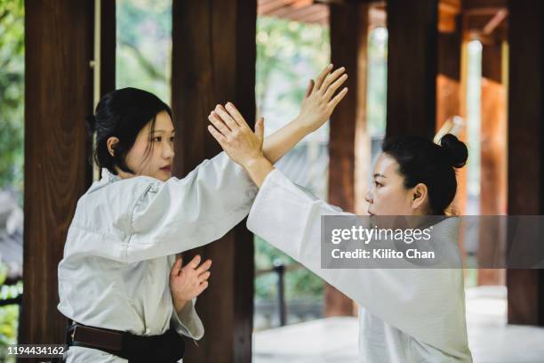 senior woman practicing japanese martial art outdoor with a young woman - aikido stock pictures, royalty-free photos & images