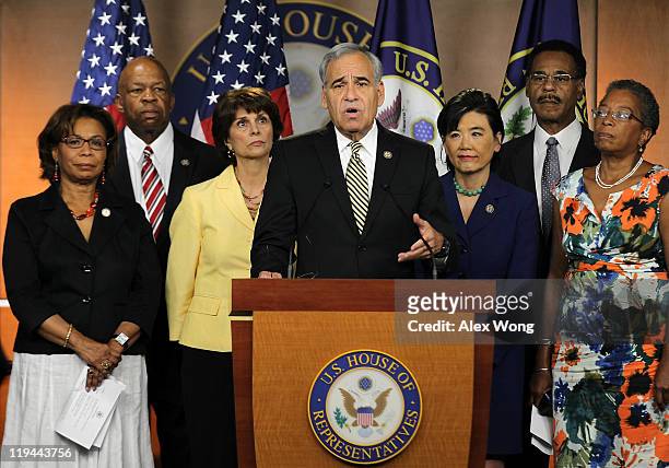Congressional Hispanic Caucus Chair U.S. Rep. Charles Gonzalez speaks as U.S. Rep. Barbara Lee , U.S. Rep. Elijah Cummings , U.S. Rep. Lucille...