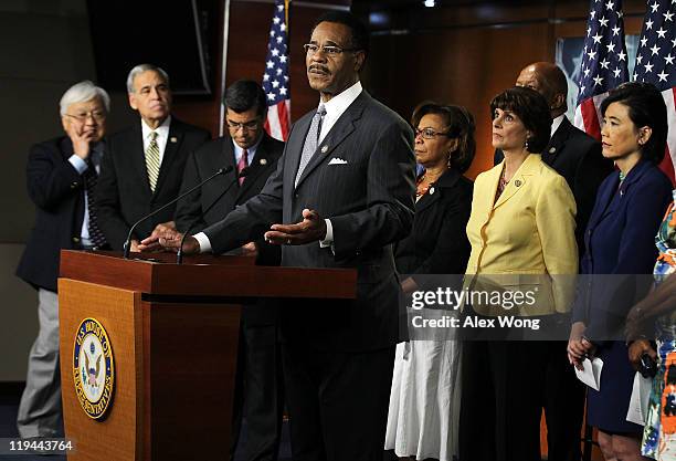 Congressional Black Caucus Chair U.S. Rep. Emanuel Cleaver speaks as U.S. Rep. Michael Honda , U.S. Rep. Charles Gonzalez , U.S. Rep. Xavier Becerra...