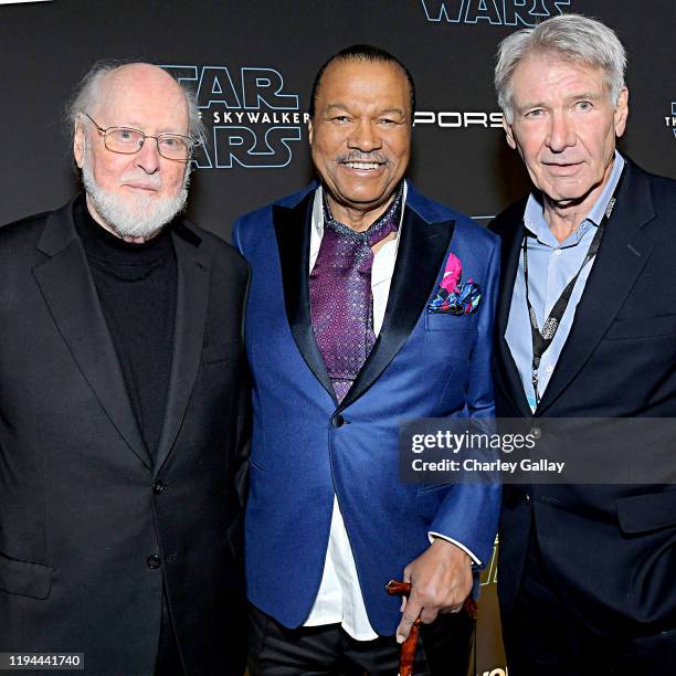 Composer John Williams, Billy Dee Williams and Harrison Ford arrive for the World Premiere of "Star Wars: The Rise of Skywalker", the highly...
