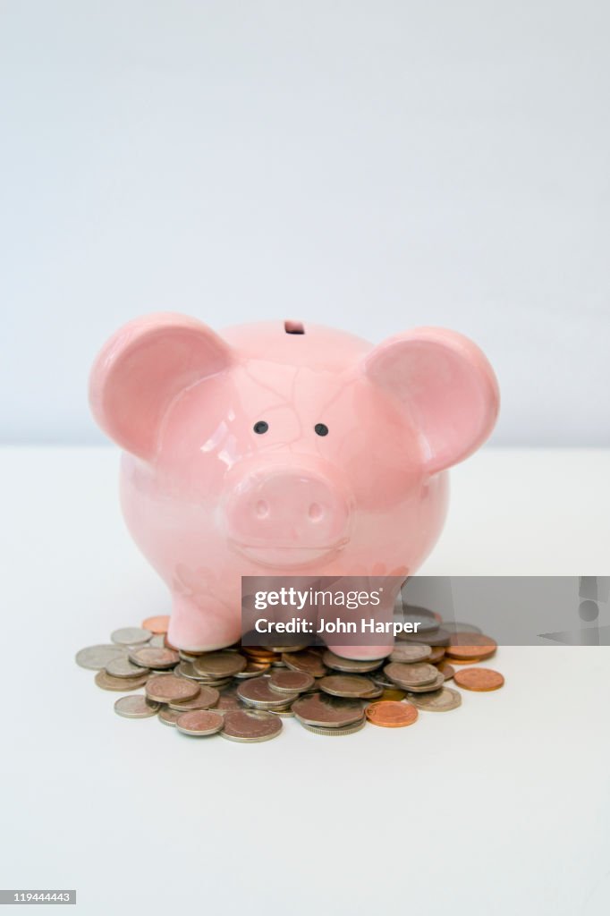 Piggy bank on pile of coins.