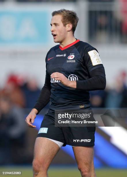 Max Malins of Saracens during the Heineken Champions Cup Round 4 match between Saracens and Munster Rugby at Allianz Park on December 14, 2019 in...