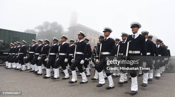 Indian Coast Guard personnel during a rehearsal for the upcoming Republic Day parade, at Vijay Chowk, on January 18, 2020 in New Delhi, India.