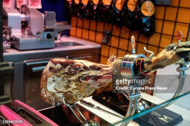 Ham of black leg at the delicatessen and sausage section in a supermarket, a typiclal product of Christmas basket on December 17, 2019 in Madrid,...