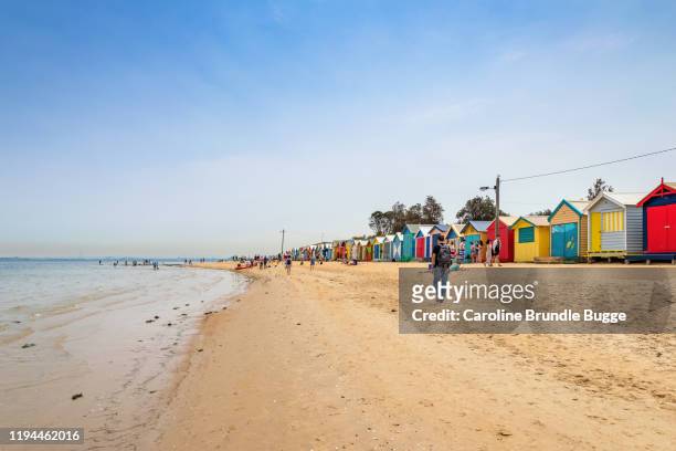 beach huts, brighton beach, melbourne, australia - brighton beach melbourne stock pictures, royalty-free photos & images
