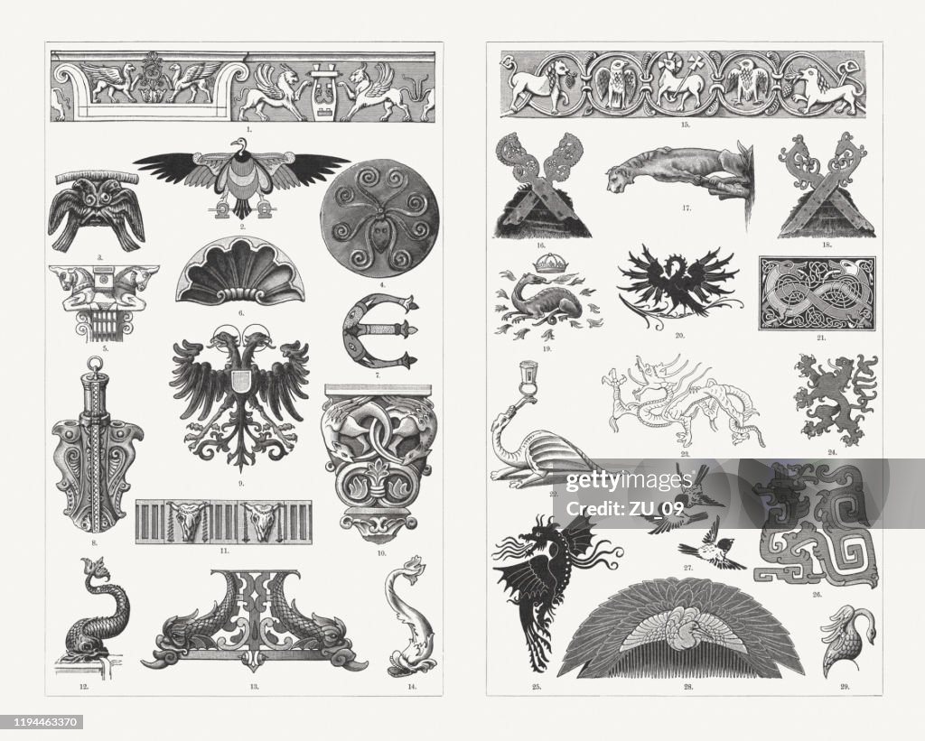 Historical animal ornaments, wood engravings, published in 1897