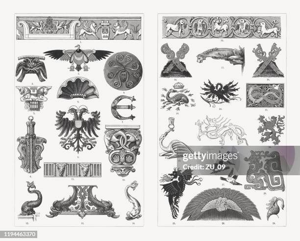 historical animal ornaments, wood engravings, published in 1897 - greek roman civilization stock illustrations